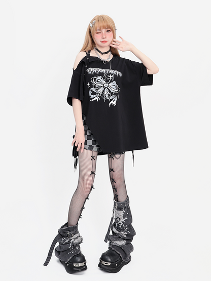 Off-the-shoulder Slit Punk T-shirt Loose