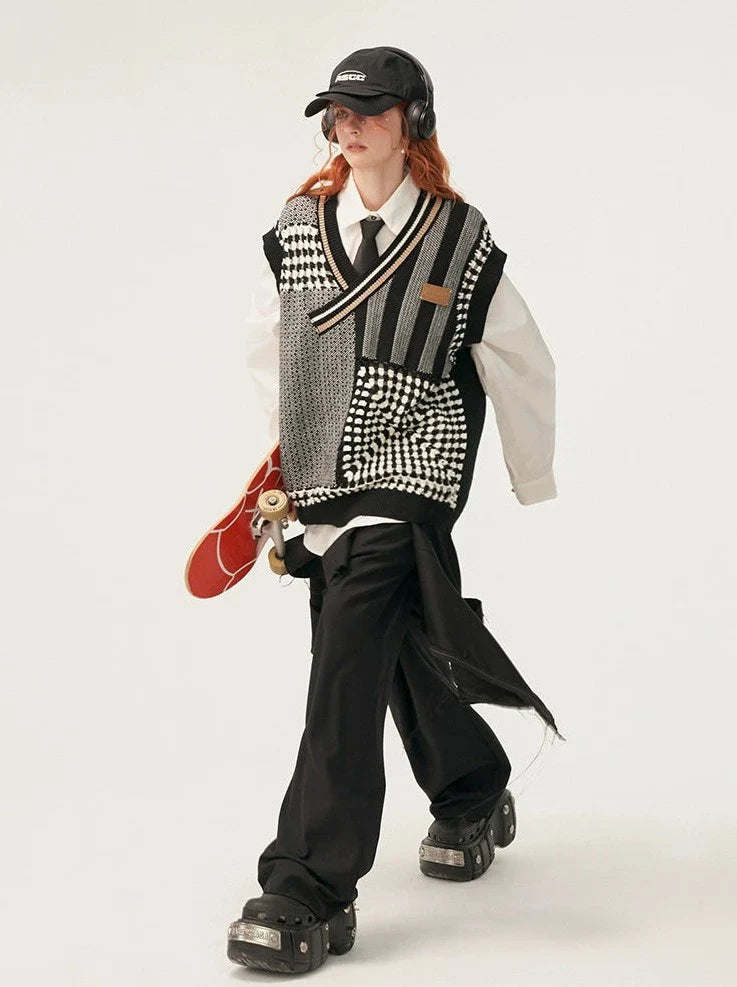 控えめなアシンメトリーベストニットアイテムオーバーモードルーズ