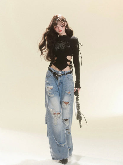 Lange Hose Denim Damaged Wide