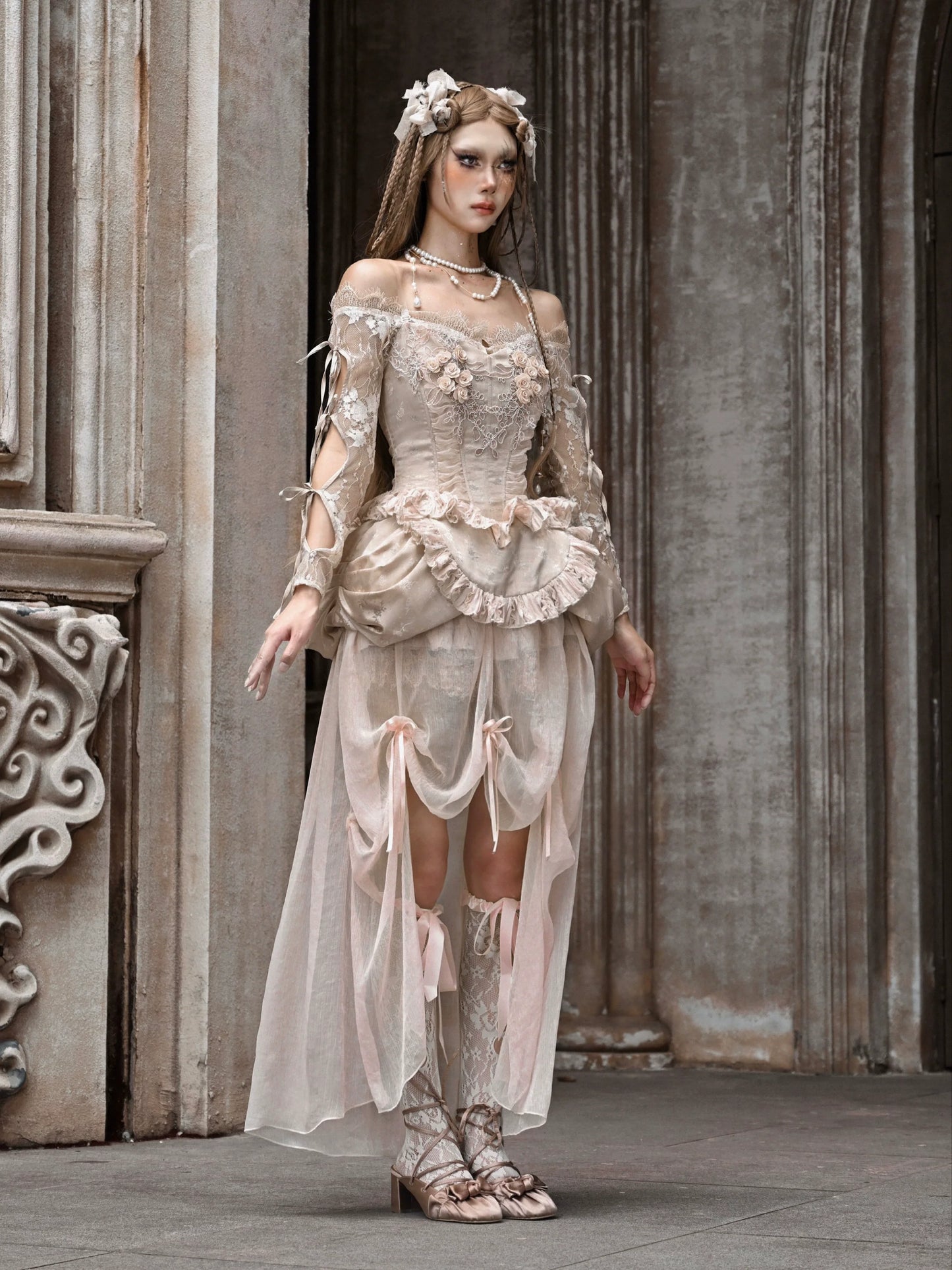 コートストラップレースバレエカーディガントップスクロシェスリーブインナーオフショルダー