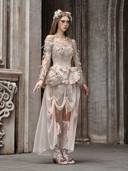 コートストラップレースバレエカーディガントップスクロシェスリーブインナーオフショルダー