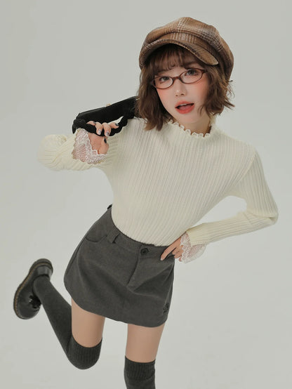 Knit Lace Turtleneck Half Splicing Top