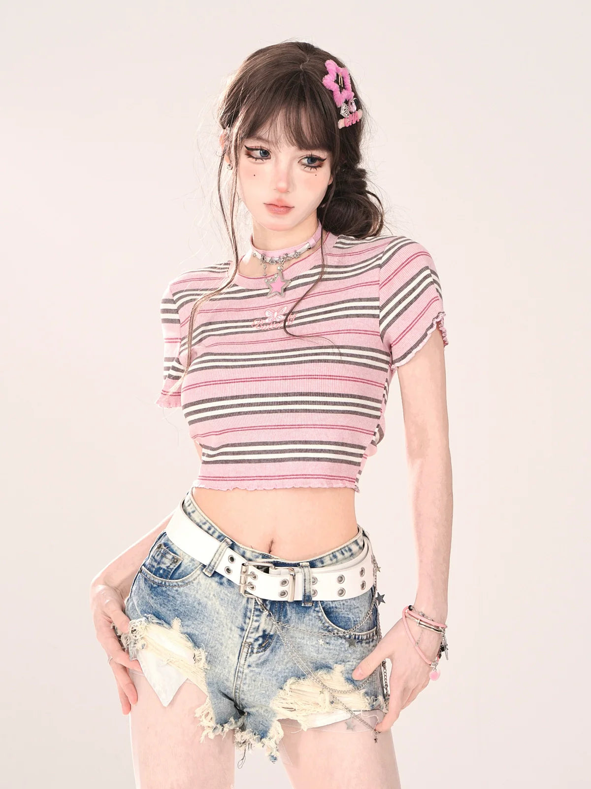 Short Pink T-Shirt Romantic Slim Stripe