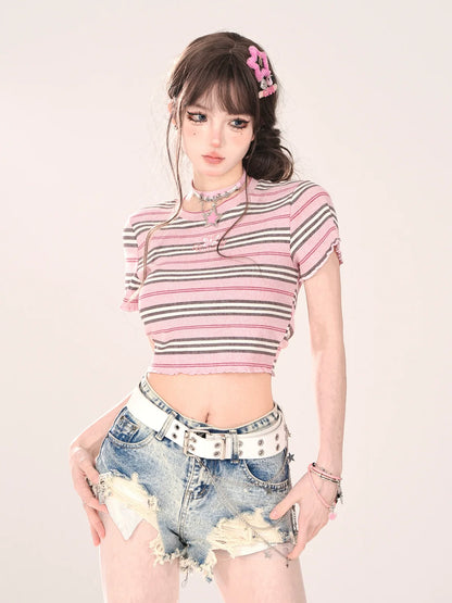Short Pink T-Shirt Romantic Slim Stripe