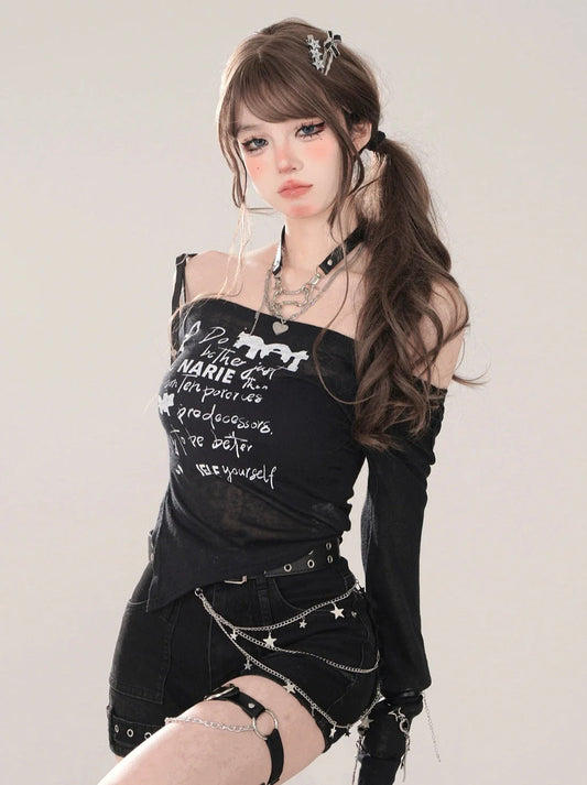 Long Slit Straps Off-Shoulder Irregular T-Sheer