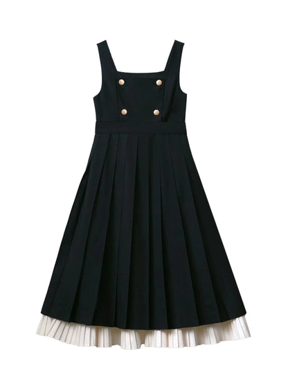 Retro Layered Suspender Dress + Lace College Ribbon + Accessories Shirt Pleated Shoulder Ruffle Elegant
