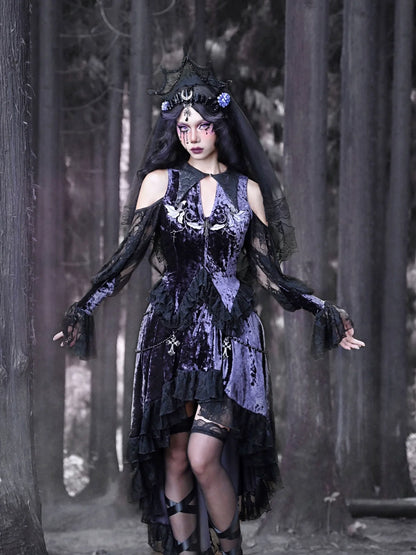 ルナフ ベルベット刺繍 ゴシックベルトップ レーススリーブカラー ポインテッド