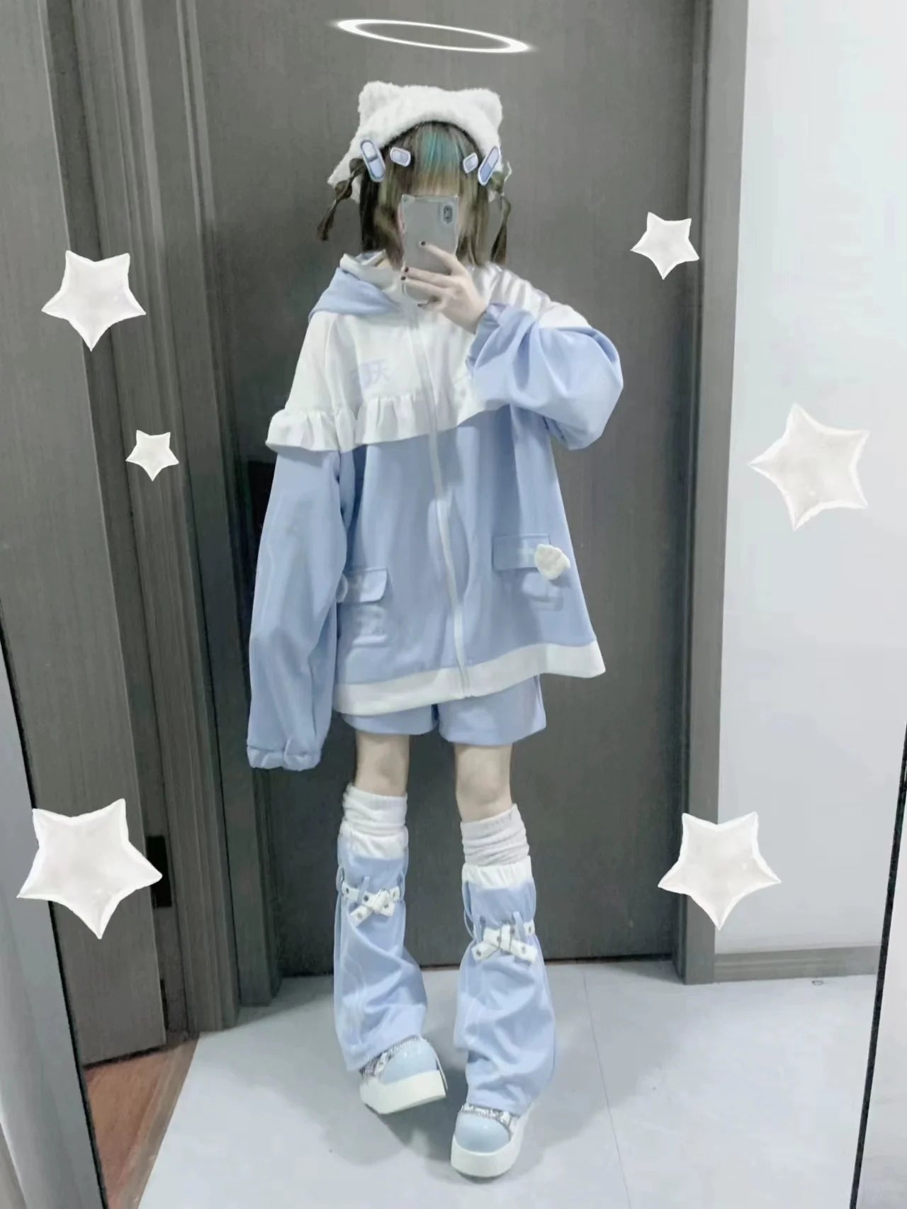 Hoodie Ear Three Piece Aqua Neighborhood Cat Loose Angel Set
