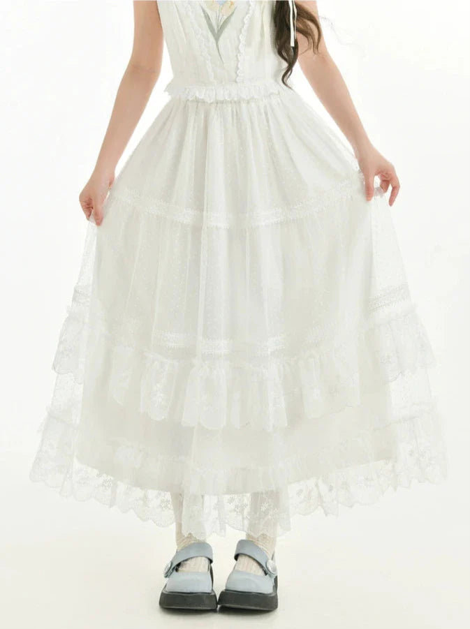 フェアリー風透かし編みニットカーディガン + キャミソールトップス + ロングケーキスカート