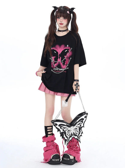 チェーンバタフライパンクロックアメリカンTシャツメタルプリント