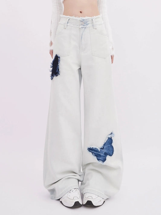 Blue Denim Wide White Butterfly Pants Design