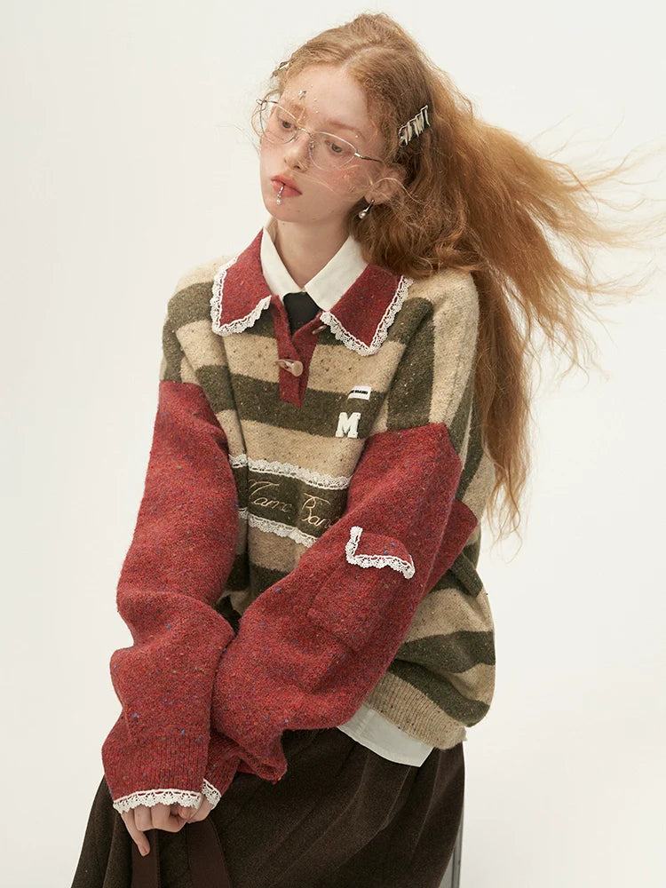 Polo Striped Sweater Retro Lace Pullover
