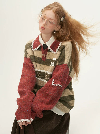 Polo Striped Sweater Retro Lace Pullover