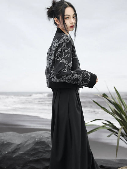 Taillenspleißen Retro High Loose Top Zweireihiger Drachen-Jacquard