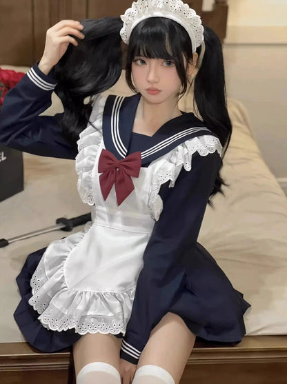 Ribbon Sailor Dress Frilled Apron