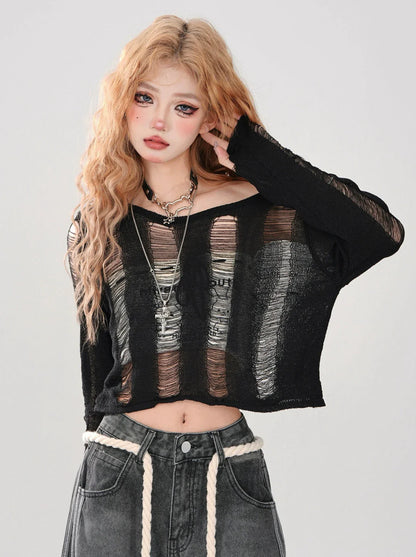 Kurzes Top zerrissen + gestrickt Off-Shoulder Schnürtop Rückenschlauch