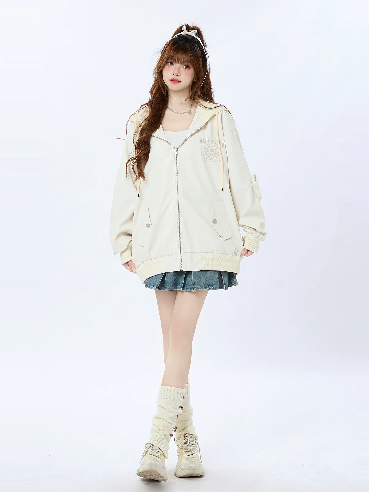 Hoodie American Casual Hooded Zip-up Faux Two-piece