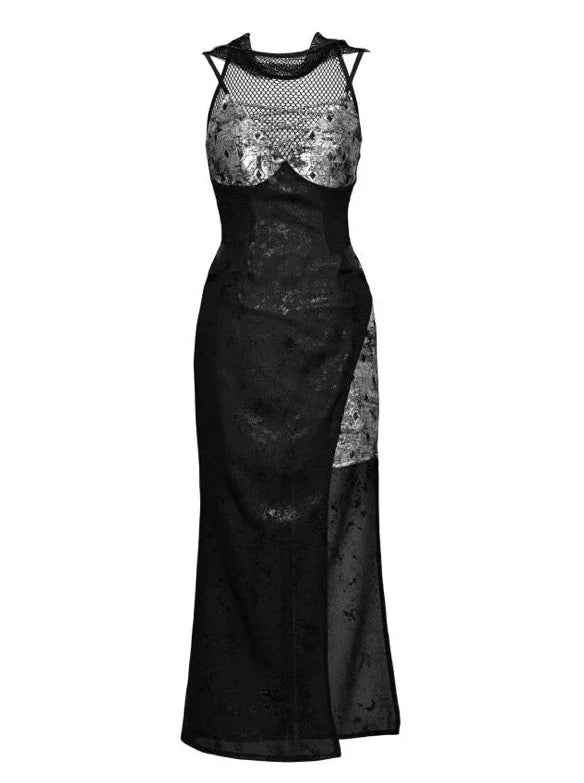 Sheer Mesh Silver Black Suit Punk Hoodie Dress Slit