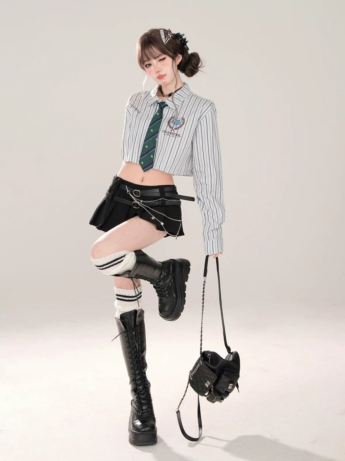 Tie Set Short Style Polo + Collar High Shirt Stripe School