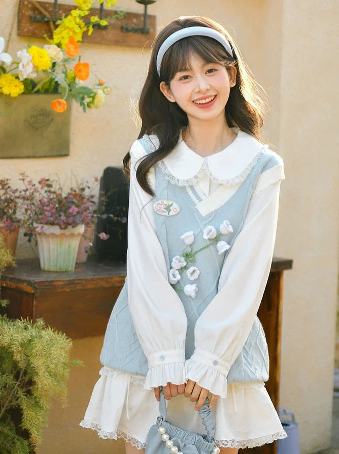 Glockenblumen-Setup: Strick-Kuchenrüsche + Hemdrock + Weste