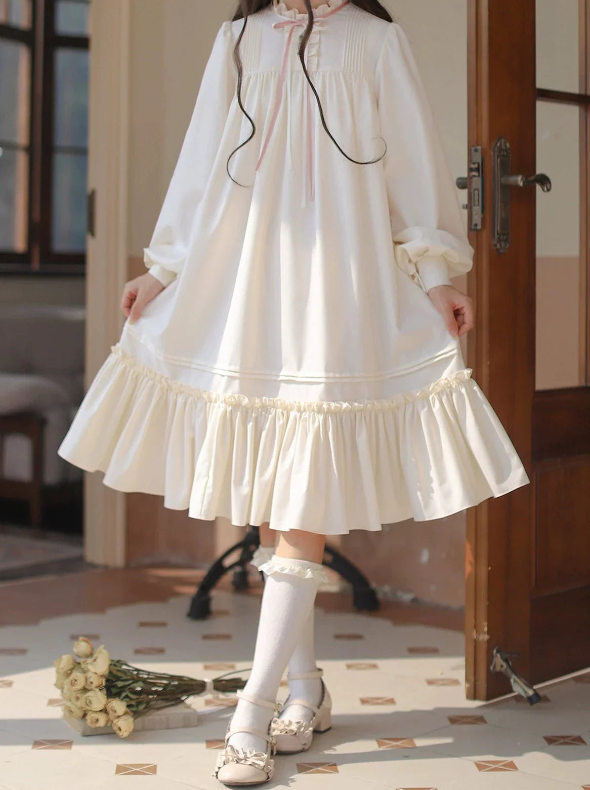 Badge Pink Frilled Doll + Lolita + Dress Off-White Coat Collar