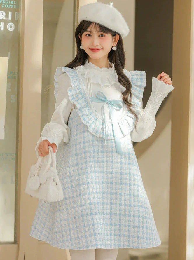 フリルショルダードレス Aライン チェックツイード