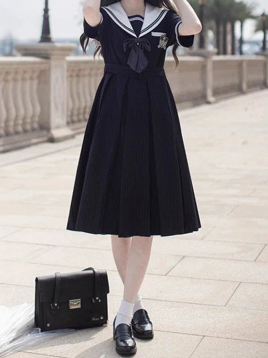 Collar Black + Sailor Emblem Striped Badge Ribbon Dress