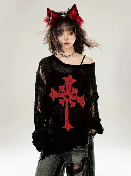 カットアウト リップド ルーズ サマーニット ダークプリント ブラック