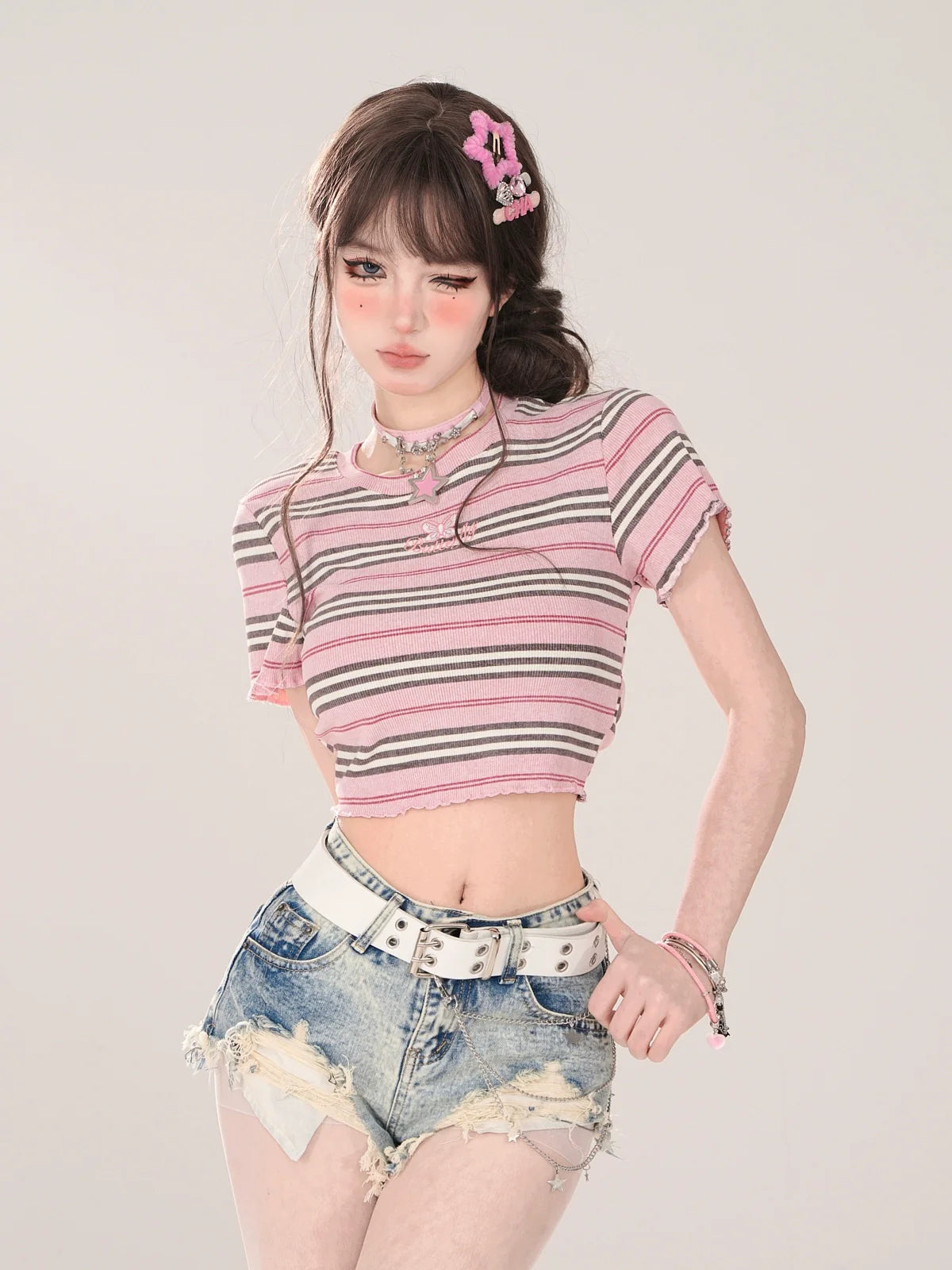 Short Pink T-Shirt Romantic Slim Stripe