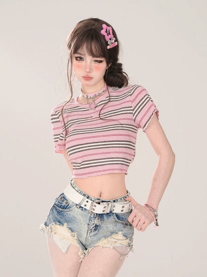 Short Pink T-Shirt Romantic Slim Stripe