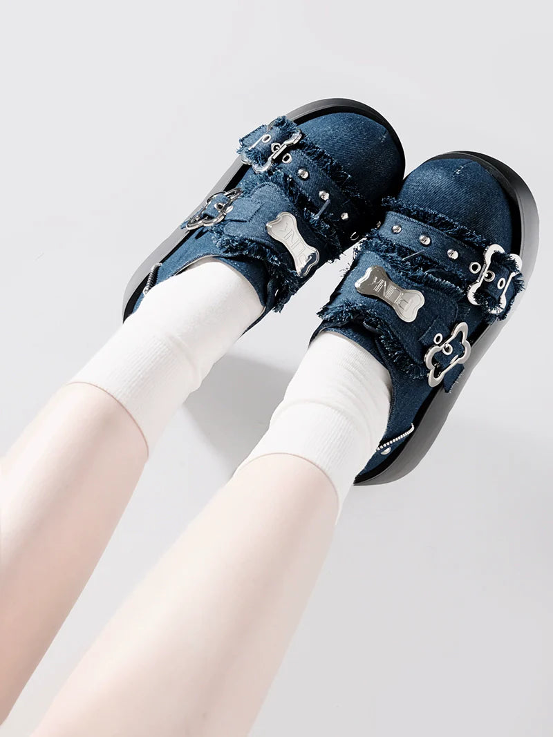 Toe Denim Shoes Puppy Platform Angel Punk Style Round