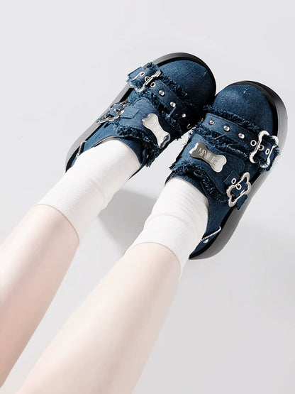 Toe Denim Shoes Puppy Platform Angel Punk Style Round