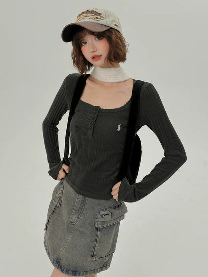 T-Stil, langer U-Ausschnitt, koreanisch