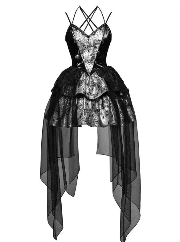 PUサスペンダーパンクホルターネックメッシュメタリックオフショルダーチュール+トップドレスシアー