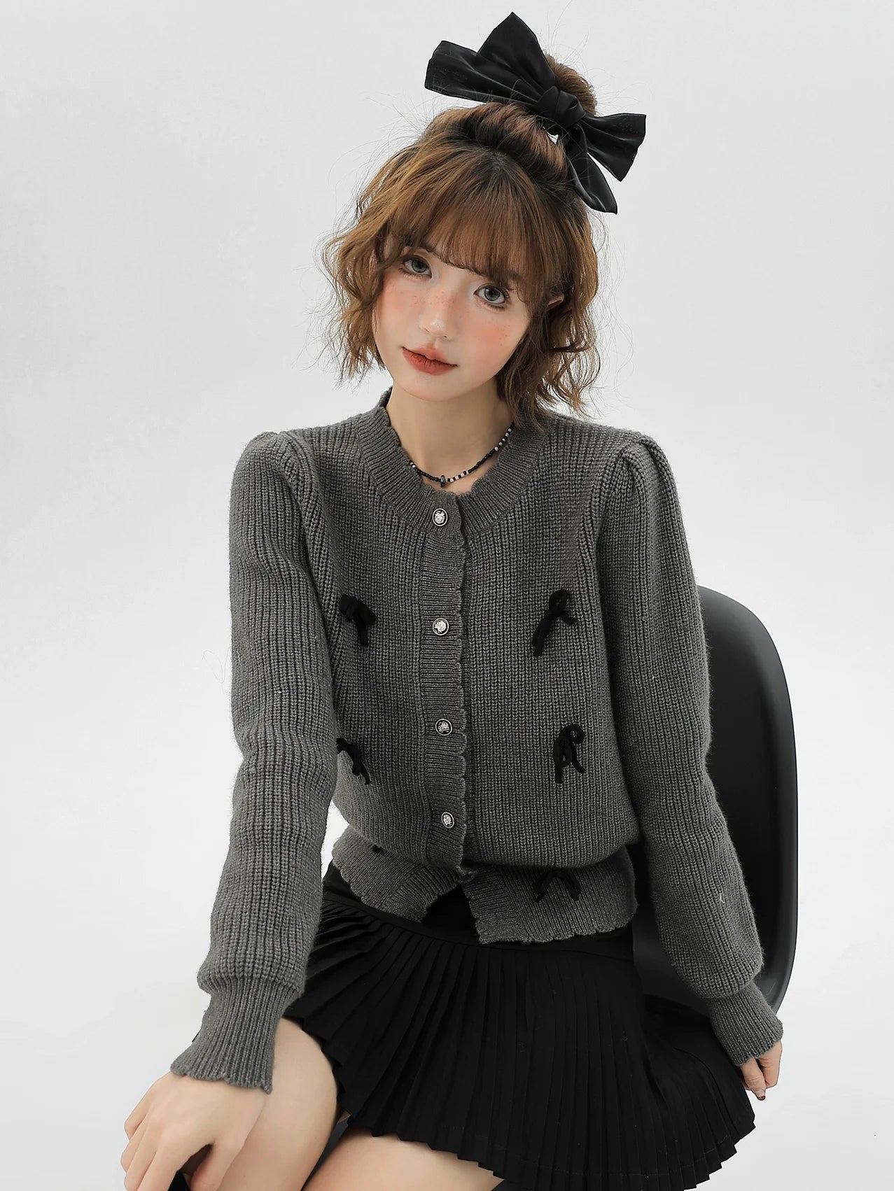 カーディガン グレー ニット フレンチリボン