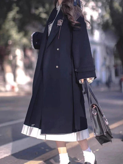 ダブルブレスト カレッジ エレガント ウール コクーンコート ブルー