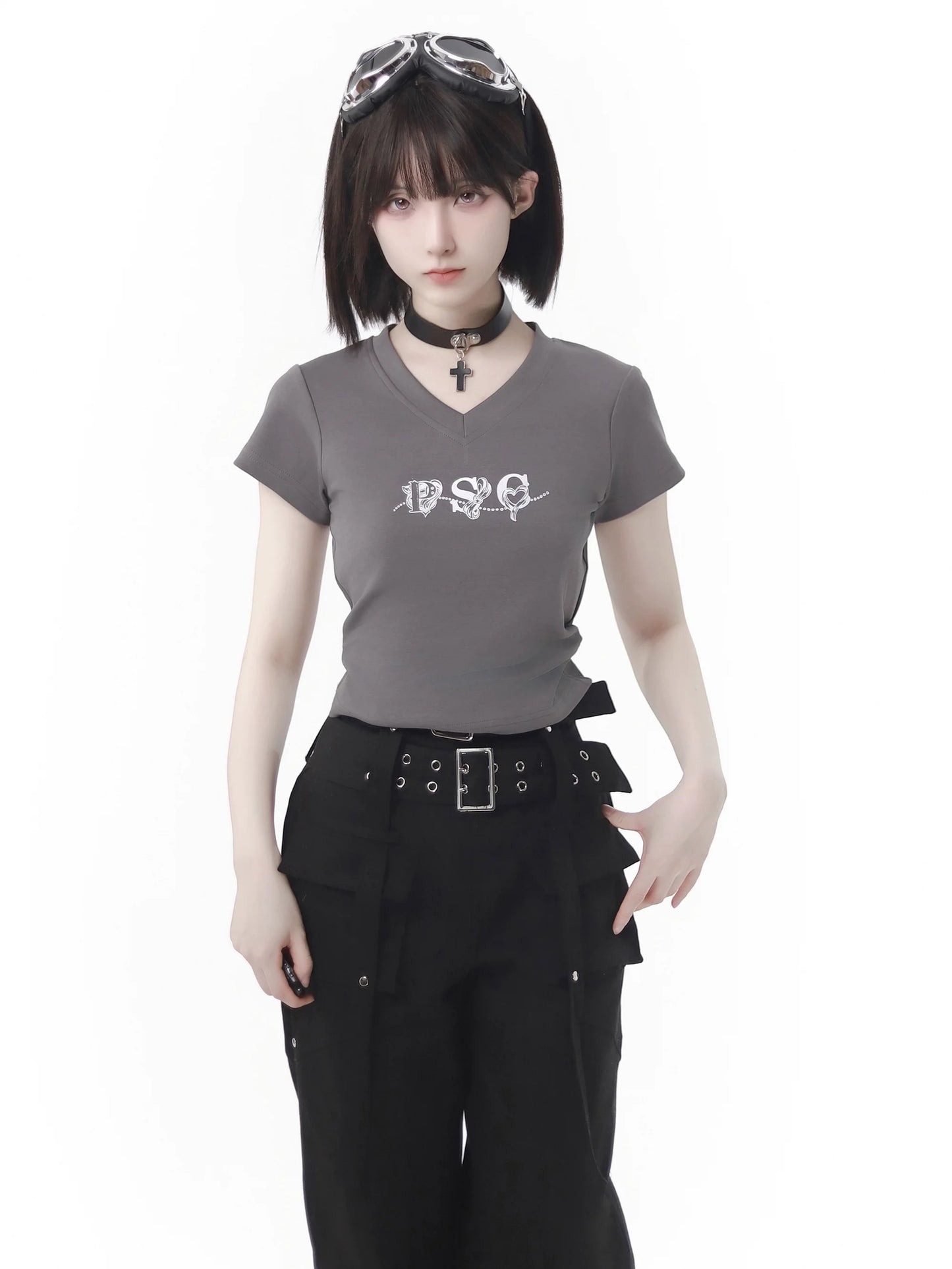 White Waist T-Shirt V-Neck Gray Slim
