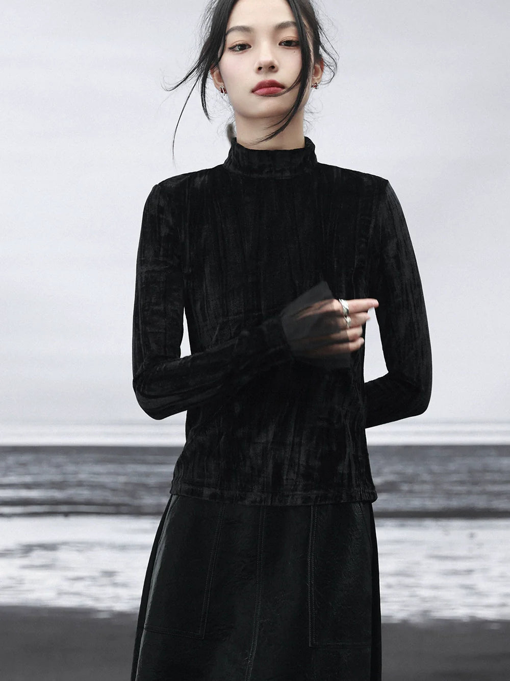 ベルベットダークタートルネックスプライシングシャツメッシュレトロ