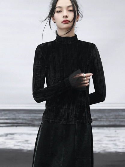 ベルベットダークタートルネックスプライシングシャツメッシュレトロ