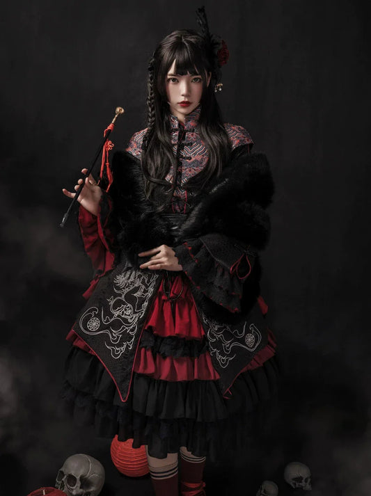 チャイナロリータゴゴシックケープ+ロングジャケット+キャミソール+スカート+ウエストバンド