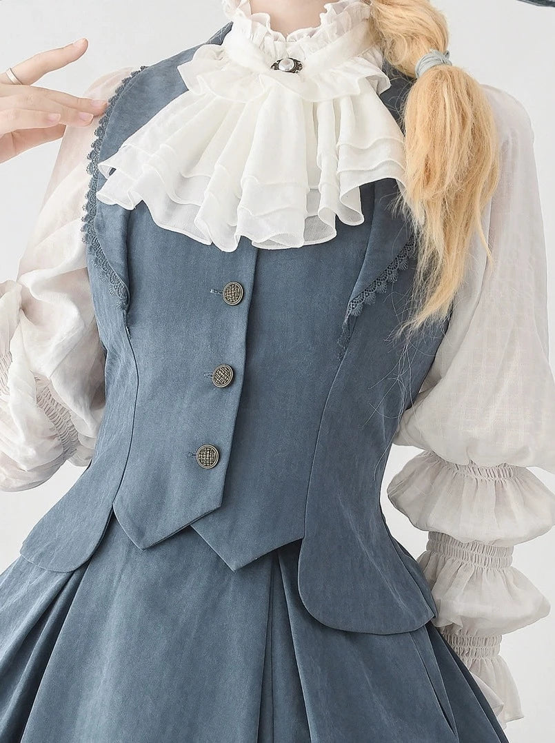 Vest Retro Colored Classical + Long Flared Blouse Skirt