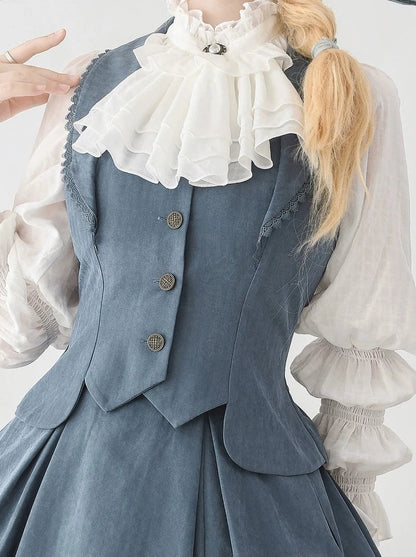 Vest Retro Colored Classical + Long Flared Blouse Skirt