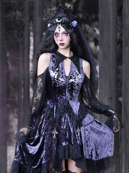 Lunaf Velvet Embroidered Gothic Bell Top Lace Sleeve Collar Pointed