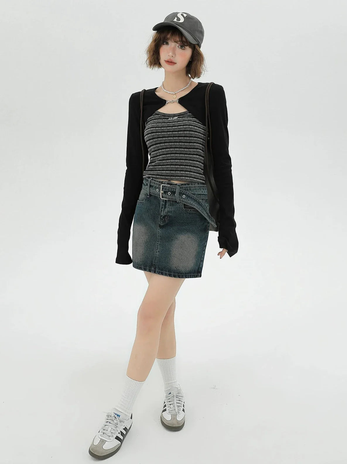 キャミソール アメリカン カーディガン ストライプ ショートピース セット トップス ブラック ツー