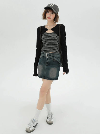 キャミソール アメリカン カーディガン ストライプ ショートピース セット トップス ブラック ツー