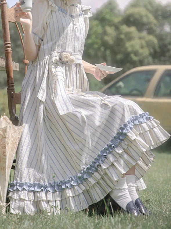 Shirt Handmade + Dress Puff Sheer Ruffled Sleeve Shoulder Corsage Inner Fairy Lace + Striped