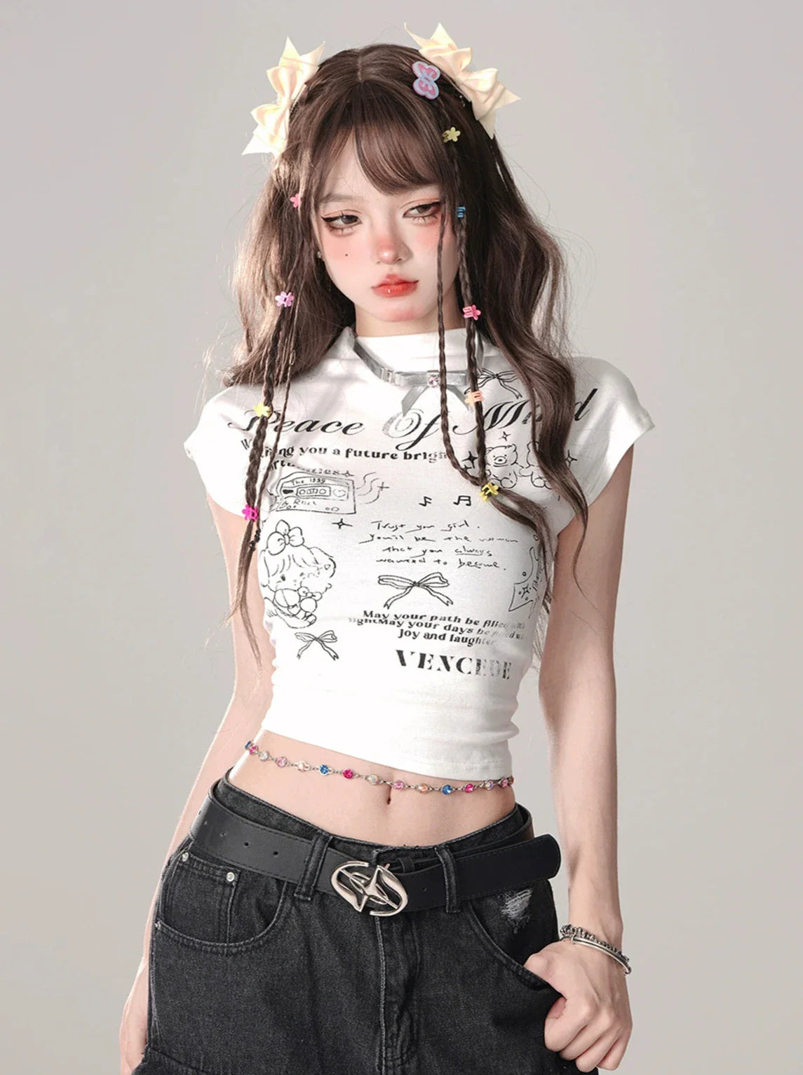 White Cropped Ribbon T-Shirt Backdropped Pink Pure