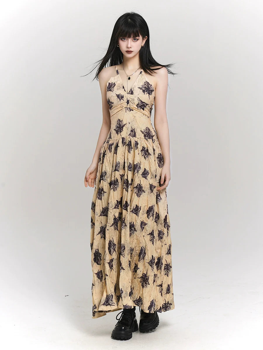 フレンチモードフラワーゴーストドレスイエローリゾートガール