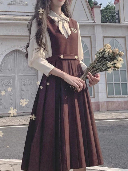 Chiffon Skirt Style Ribbon Inner Accessories V-Neck Cream Shirt College Vest