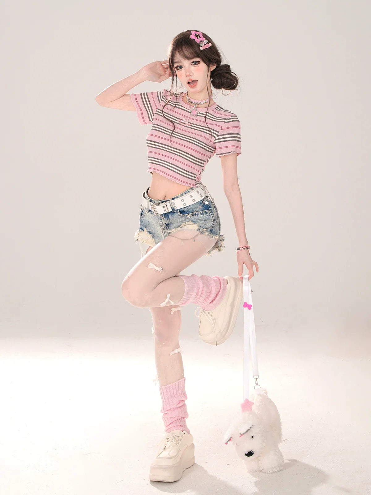 Short Pink T-Shirt Romantic Slim Stripe